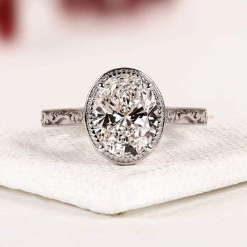 Oval Cut Bezel Lab Diamond Engagement Ring with Vintage Engraved Band
