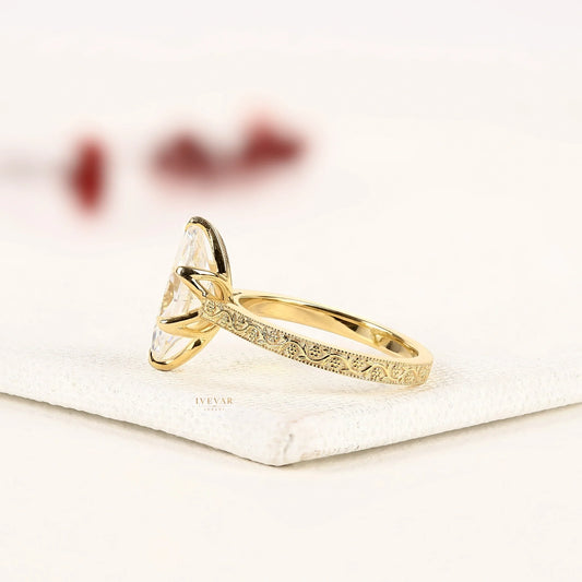 Marquise Cut Moissanite Diamond Ring with Engraved Gold Band - View 2