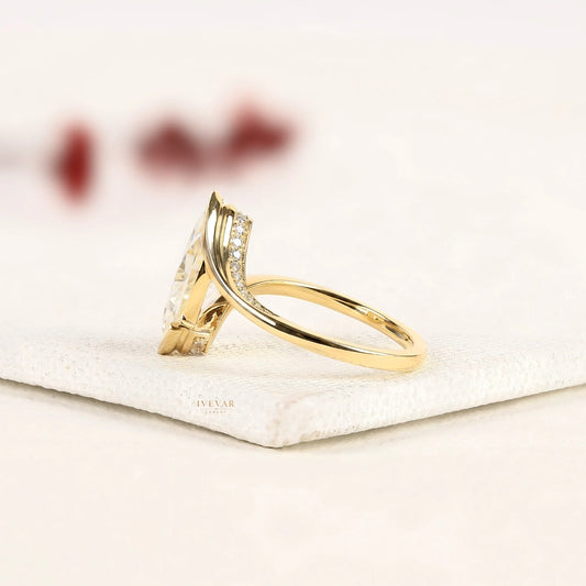 Marquise Cut Lab Diamond Bypass Ring with Pave Band - View 2