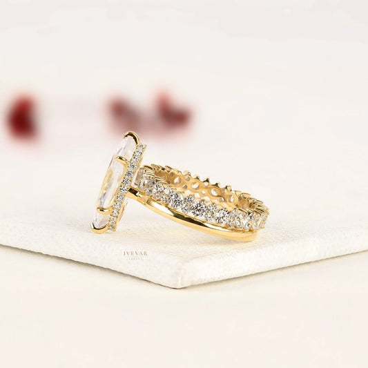 Marquise Cut Moissanite Diamond Bridal Set with Pave Wedding Band - View 2