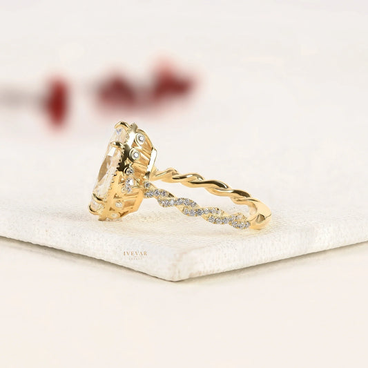 Marquise Cut Halo Moissanite Diamond Ring with Twisted Pave Band - View 2