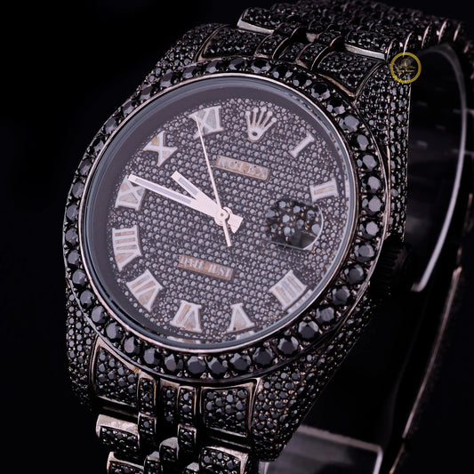 Luxury watch with black gemstone bezel and detailed face 