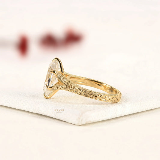 Marquise Cut Moissanite Diamond Ring with Gold Band - View 2