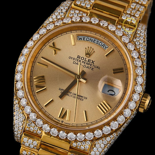 Custom Iced-Out Presidential Timepiece with Champagne Roman Dial
