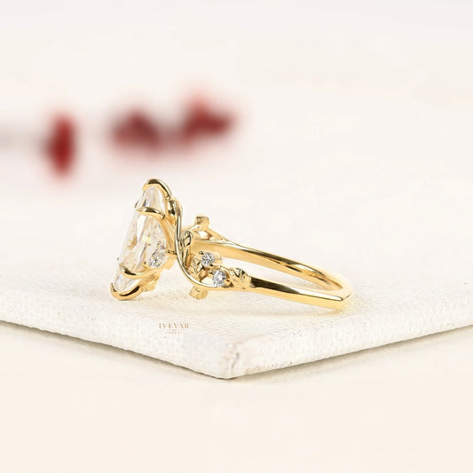 Marquise Cut Moissanite Diamond Ring with Twisted Floral Vine Band - View 2