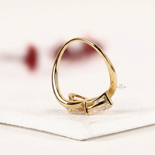 Round and Pear Cut Moissanite Diamond Wave Band Toi et Moi Ring - View 2