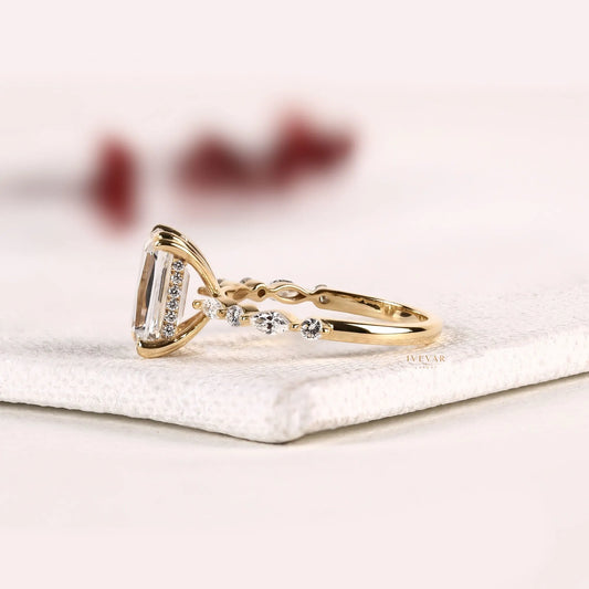 Emerald Cut Pear & Round Accent Moissanite Diamond Engagement Ring - View 2