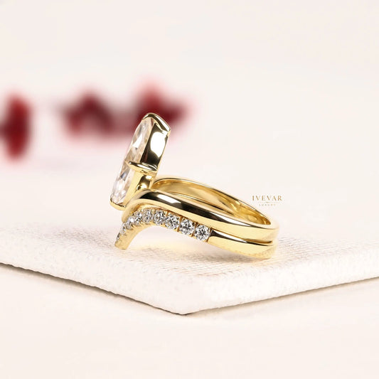 Marquise Cut Moissanite Diamond Pave Chevron Band Bridal Ring Set - View 2