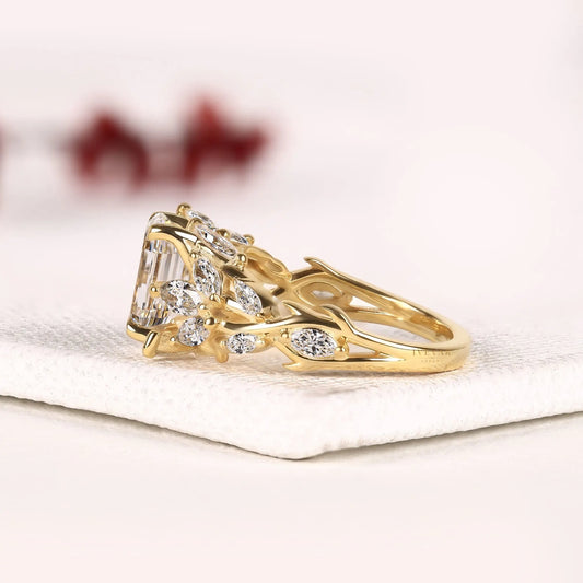 Emerald Cut Nature Inspired Moissanite Diamond Engagement Ring - View 2