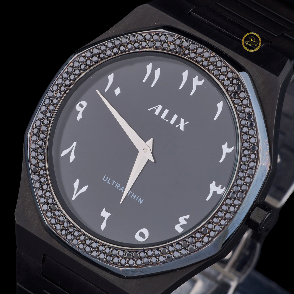 Sleek Minimalist Diamond Bezel Arabic Dial Studded Steel Watch - View 2