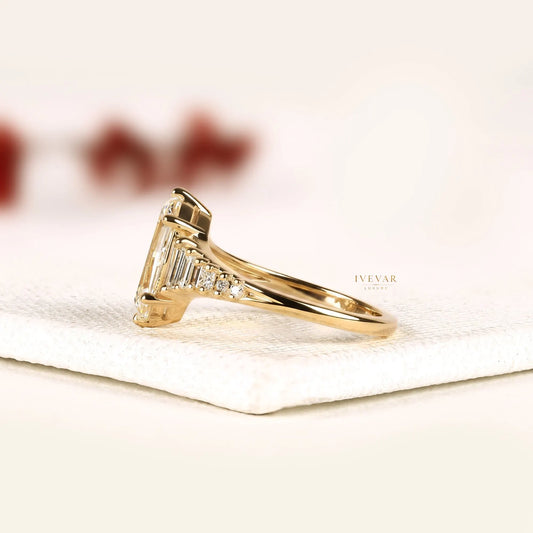 Rose Marquise Cut Baguette Side Stone Lab Diamond Engagement Ring - View 2