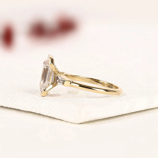 Emerald Cut Lab Half Bezel Set Three Stone Engagement Ring - View 2