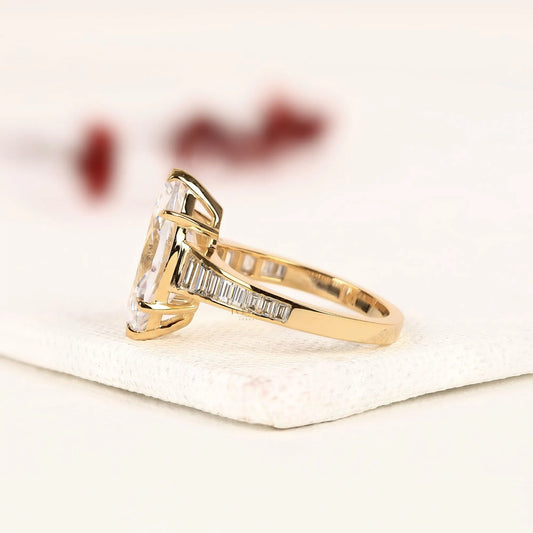 Marquise Cut Moissanite Diamond Ring with Baguette Side Stones and Tapered Band - View 2