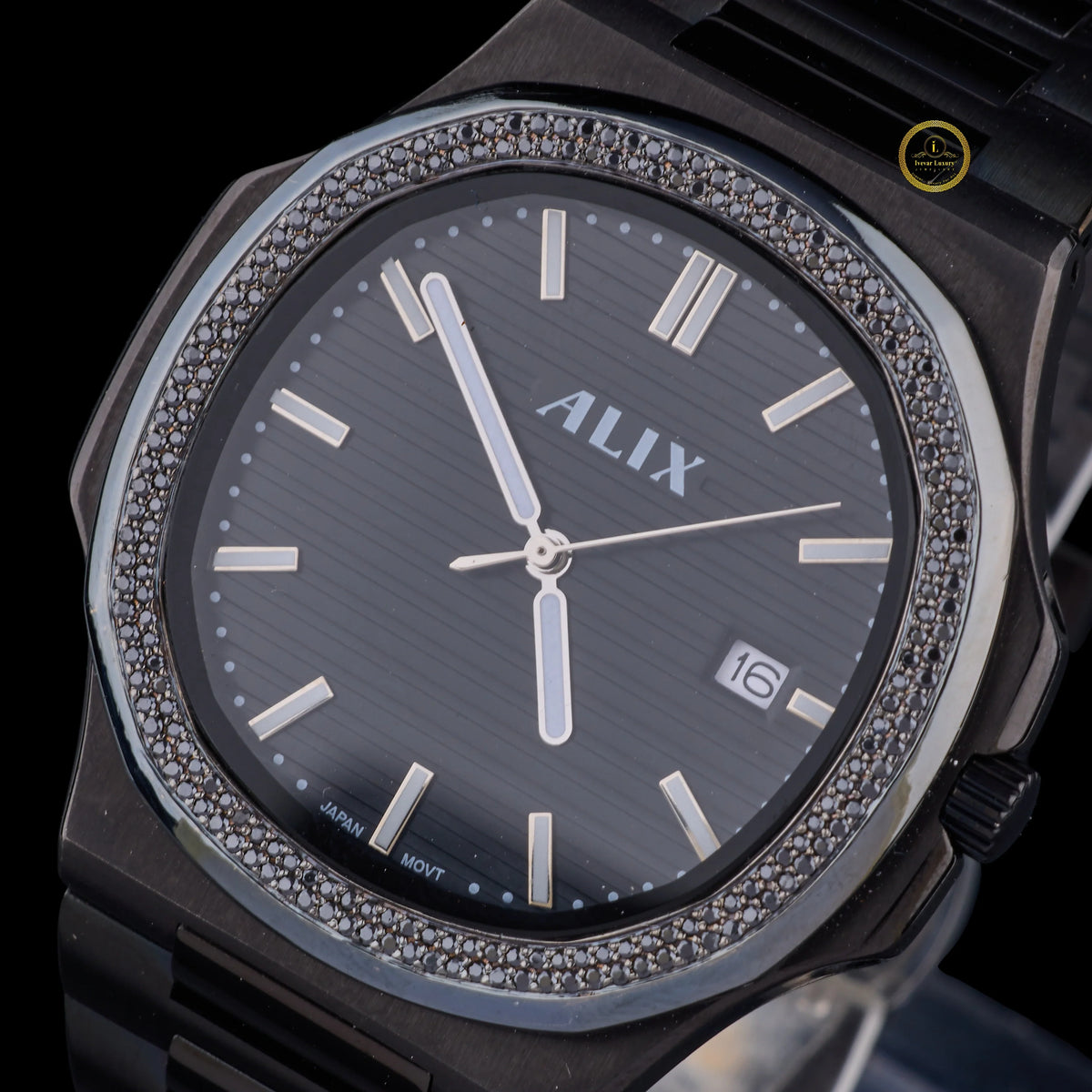 Elegant Black Dial Bezel Diamond Studded Watch - View 2
