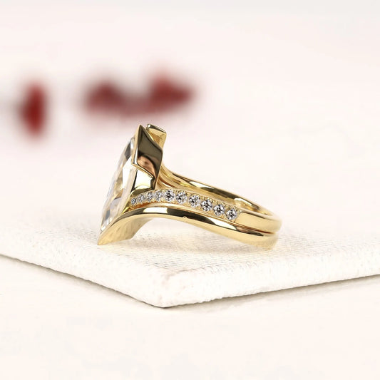 Marquise Cut Moissanite Bypass Bridal Set with Curved Pave Band - View 2