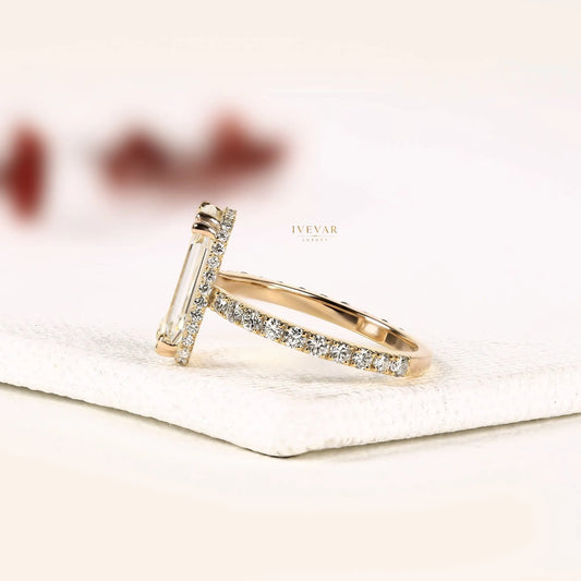 Emerald Portrait Cut Hidden Halo Lab Diamond Pave Ring - View 2