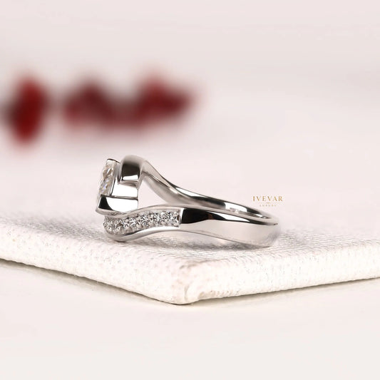 Marquise Cut Moissanite Diamond Pave Bypass Band Engagement Ring - View 2