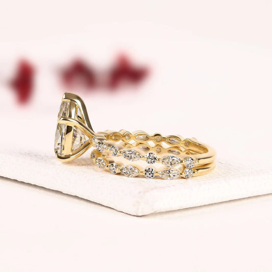 Pear Cut Moissanite Diamond Double Marquise Eternity Bridal Ring Set - View 2