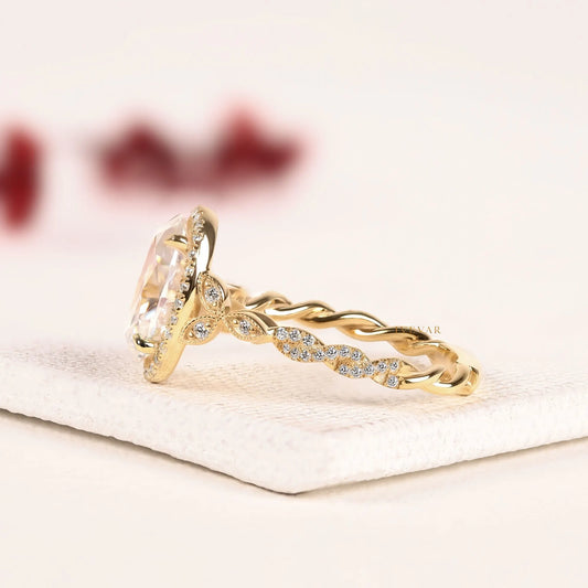 Oval Cut Halo Moissanite Diamond Twisted Rope Band Engagement Ring - View 2