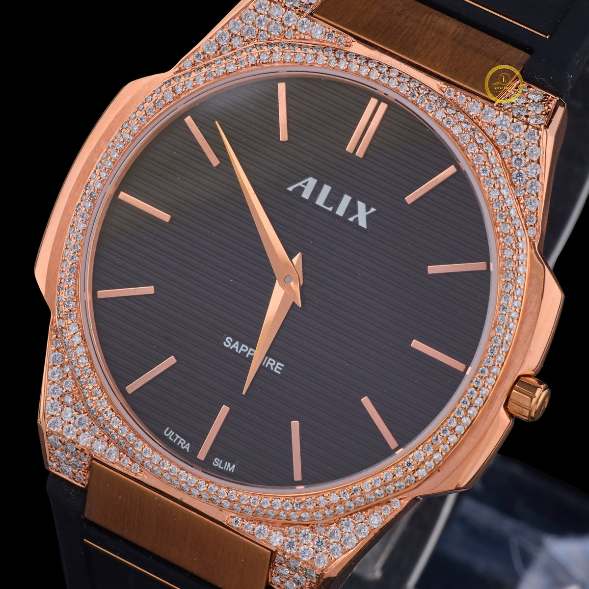 Rose Gold Diamond Bezel Black Strap Luxury Watch - View 2