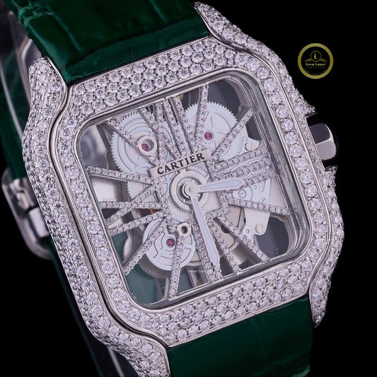 A Brilliant Diamond-Encrusted Skeleton Watch Paired with a Rich Green Leather Strap.