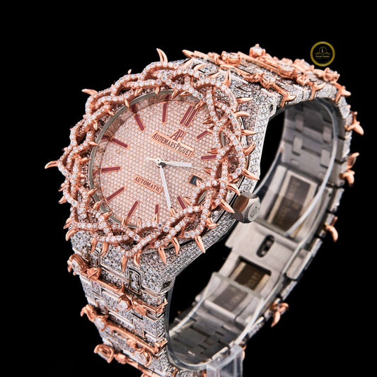 Fully Iced-Out Diamond Skeleton Luxury Watch with Rose Gold Accents – Bold Statement Timepiece for Men