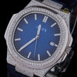 Luxury Diamond-Set Blue Dial Bezel Diamond Blue Leather Strap Watch - View 2