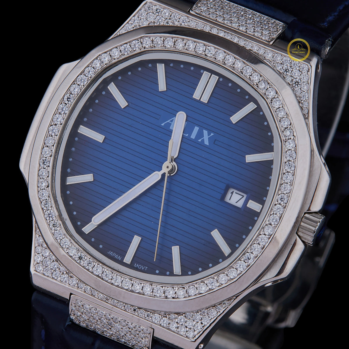 Luxury Diamond-Set Blue Dial Bezel Diamond Blue Leather Strap Watch - View 2