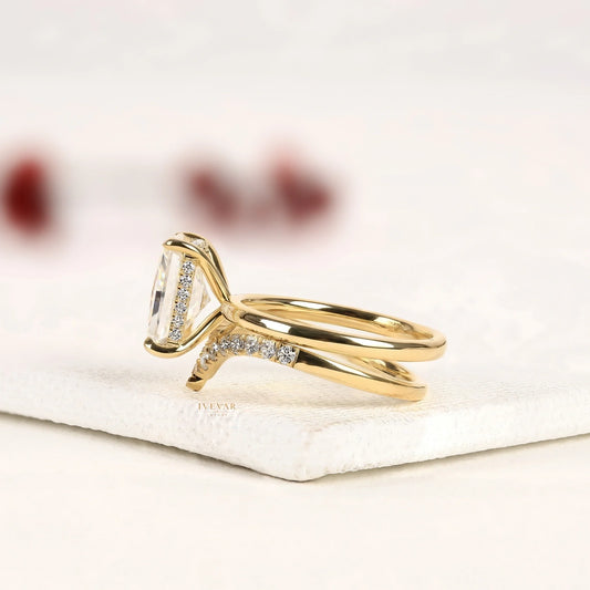 Radiant Cut Lab Diamond Ring with Curved Pave Wedding Band - View 2