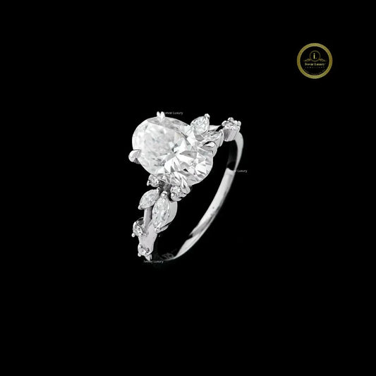 Oval Cut Lab Diamond Engagement Ring With Marquise Cluster Side Stones - View 2