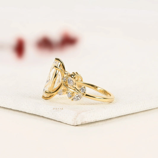Marquise Cut Lab Diamond Ring with Leaf Band - View 2