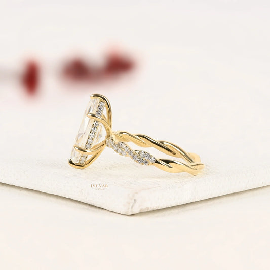 Marquise Cut Moissanite Diamond Ring with Twisted Gold Band - View 2