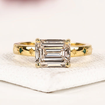 Emerald Cut Lab Diamond Engagement Ring With Celestial Star Engraved Band
