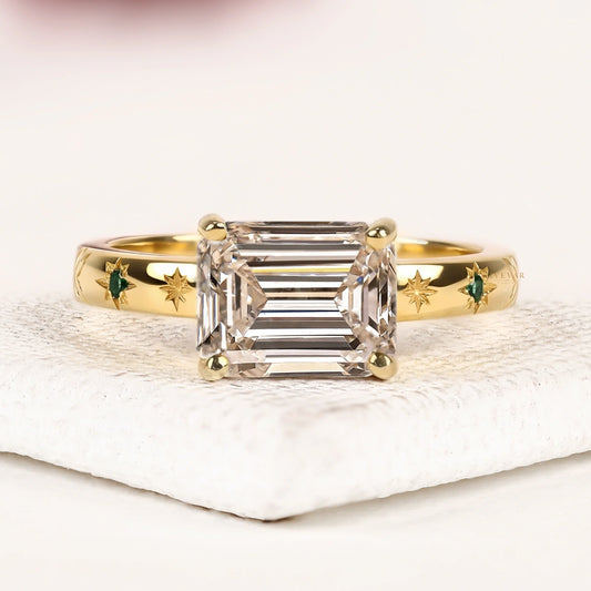 Emerald Cut Lab Diamond Engagement Ring With Celestial Star Engraved Band