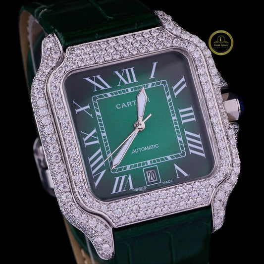 Elegant Diamond-Set Watch with a Deep Green Dial and Leather Strap.