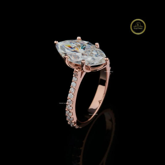 Marquise Cut Moissanite Diamond Pave Solitaire Ring - View 2