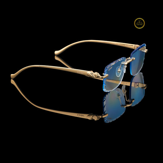Luxury Rimless Rectangular Gold Sunglasses with Blue Gradient Diamond-Cut Lenses