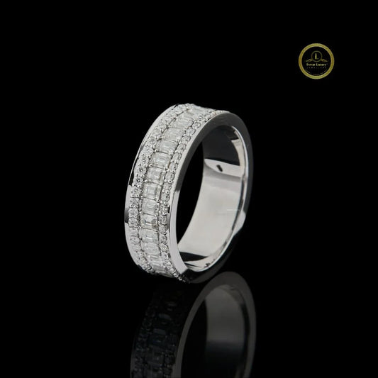 Triple Row Emerald & Round Cut Moissanite Diamond Eternity Wedding Band - View 2