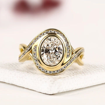 Oval Cut Bezel Halo Lab Diamond Engagement Ring with Twisted Pave Band