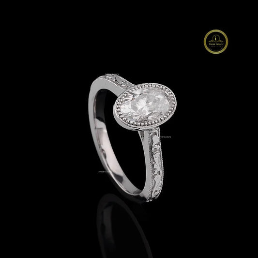 Vintage Oval Cut Lab Diamond Milgrain Engagement Ring - View 2