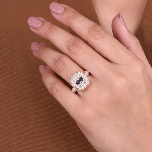 Emerald Moissanite Diamond Art Deco Halo Bridal Ring - View 2