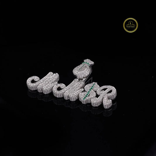 Custom "MMSR" Script Moissanite Pendant VVS Clarity White Gold Iced Out Money Bag Jewelry By Ivevar
