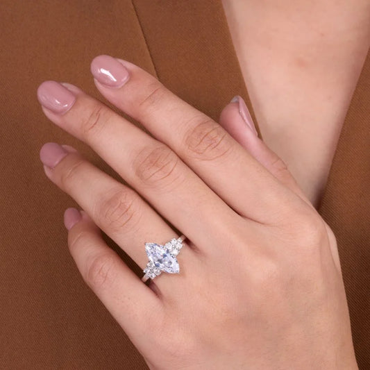 Marquise Cut Moissanite Diamond Ring with Cluster Side Stones Engagement Ring - View 2