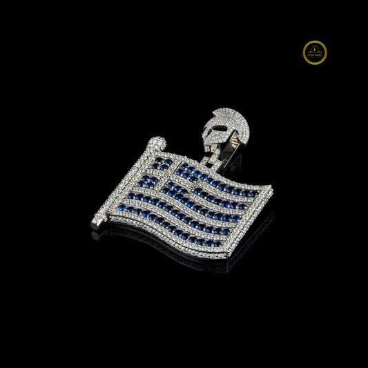 Custom IcedOut Greece Flag Moissanite Pendant VVS White Gold Patriotic Statement Jewelry for Men By Ivevar