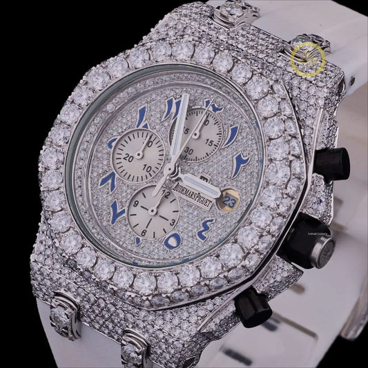 Fully Iced-Out Chronograph Watch with an Octagonal Bezel and White Rubber Strap