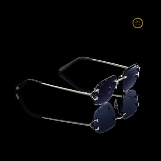 Rimless Rectangular Silver Sunglasses with Smoke Gradient Diamond-Cut Lenses
