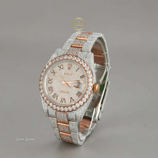 Beautiful Rose Gold Luxury Lab Diamond Watch with Paved Dial and Roman Markers By Ivevar Luxury