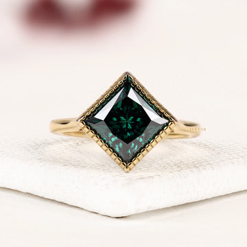 Green Princess Cut Solitaire Moissanite Diamond Engagement Ring with Migraine Bezel Setting