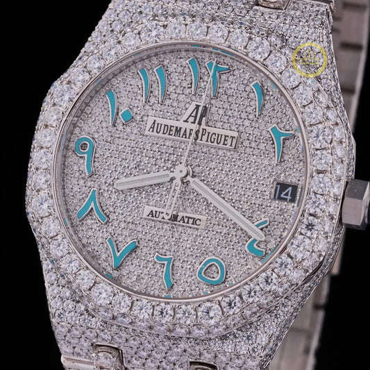 Custom Fully Iced-Out Diamond Watch with Light Blue Arabic Numerals