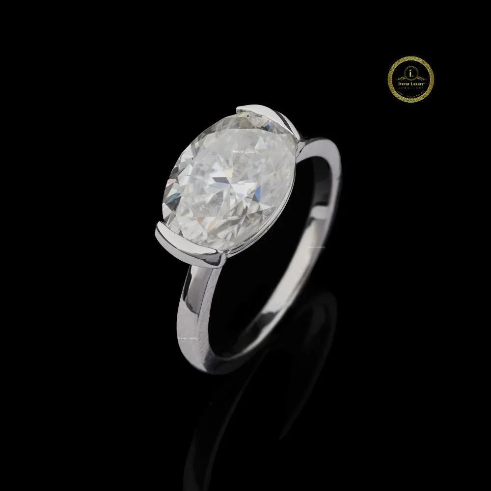 Modern East West Oval Moissanite Diamond Semi Bezel Ring - View 2